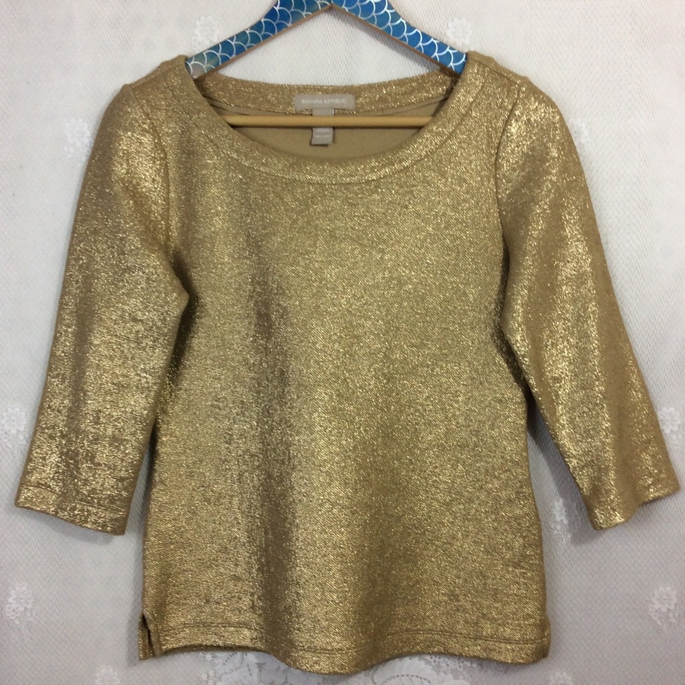 Banana Republic Shiny Gold 3/4 Sleeve Boatneck Top
